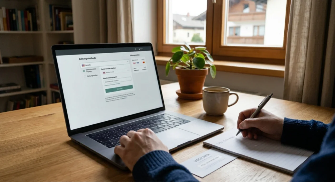 Gutscheincode und neutrale Casinokasse auf einem Laptop