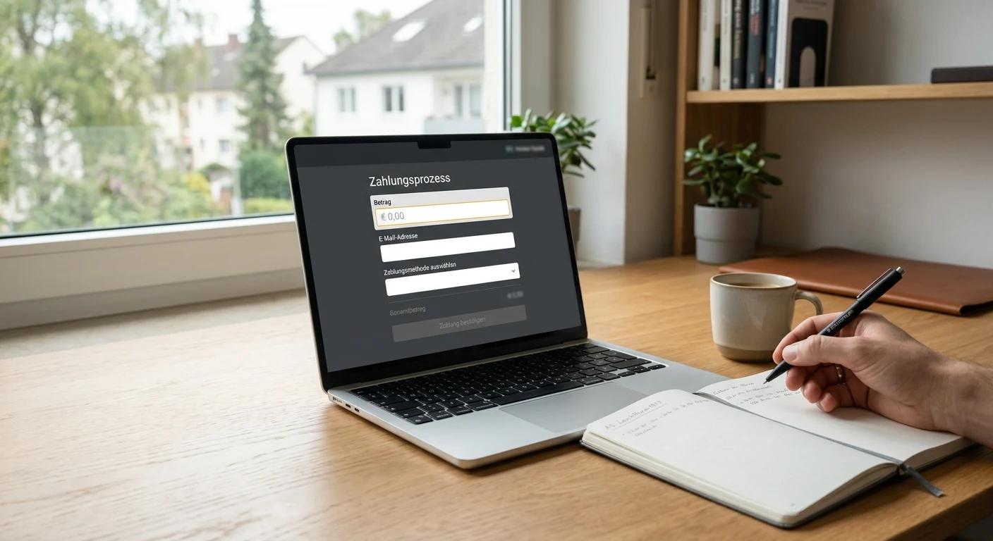 Laptop mit neutraler Kassenansicht und markierten Zahlungsbedingungen