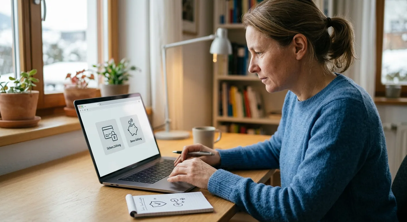 Person prüft Paysafecard und PayPal als mögliche Zahlungsmittel am Laptop