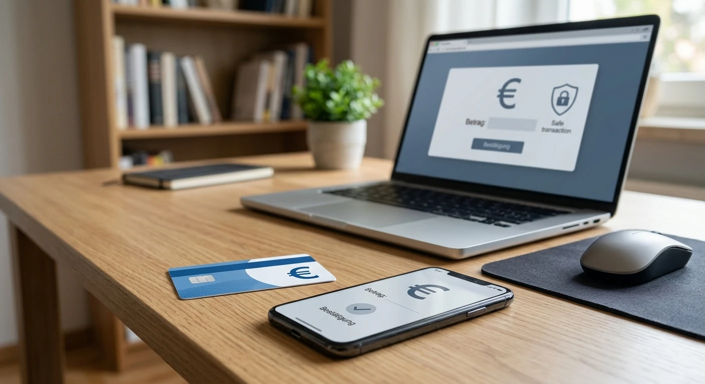 Schlichte Anordnung von Vorauszahlung-Gutschein, Smartphone und neutralem Zahlungsfenster ohne Markenlogo