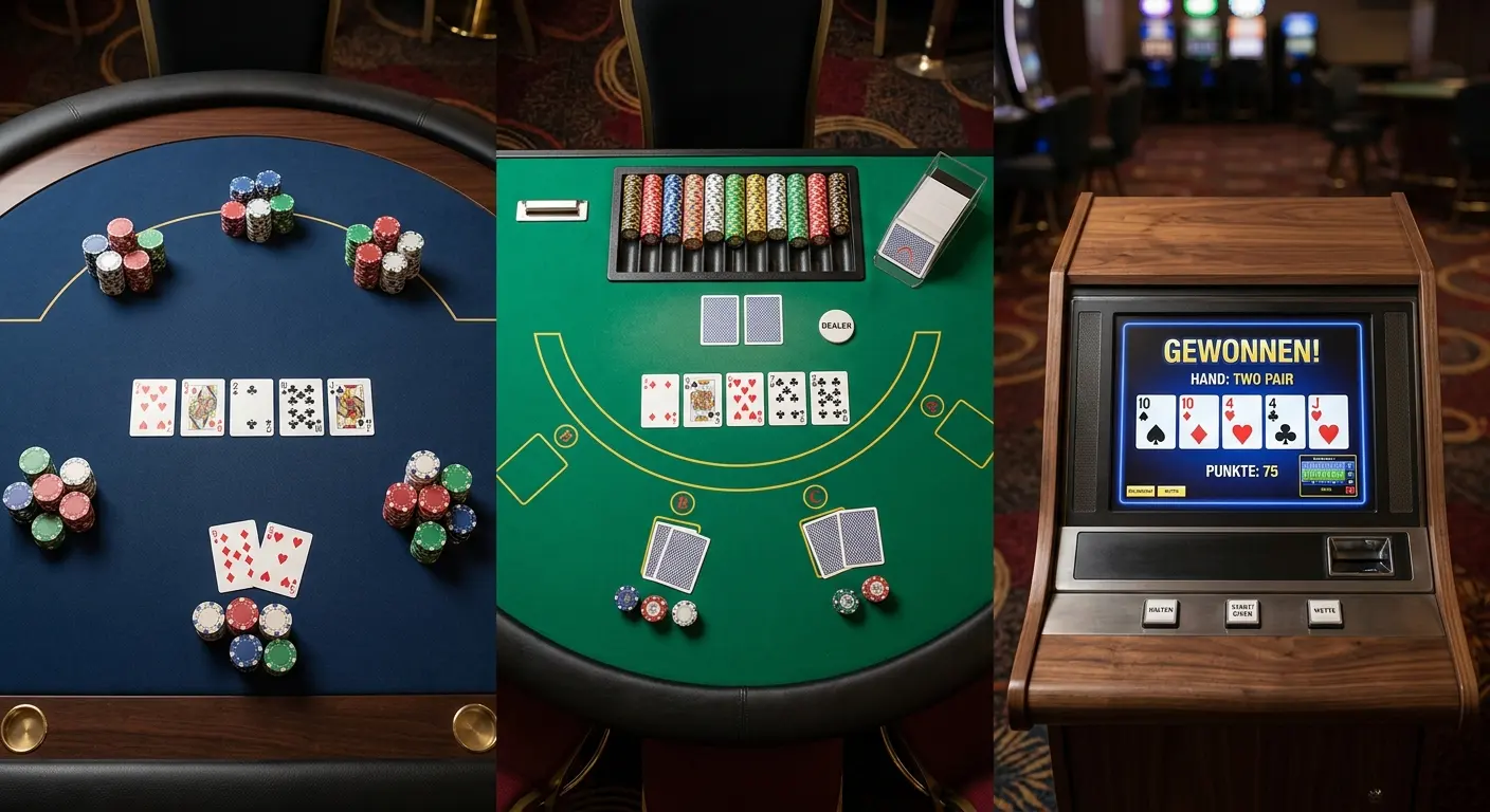 Neutrale Darstellung verschiedener Pokerkarten und Spielmodelle auf einem Tisch