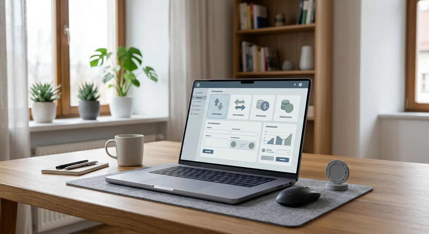 Laptop mit neutraler Kassenseite und symbolischen Zahlungsmünzen
