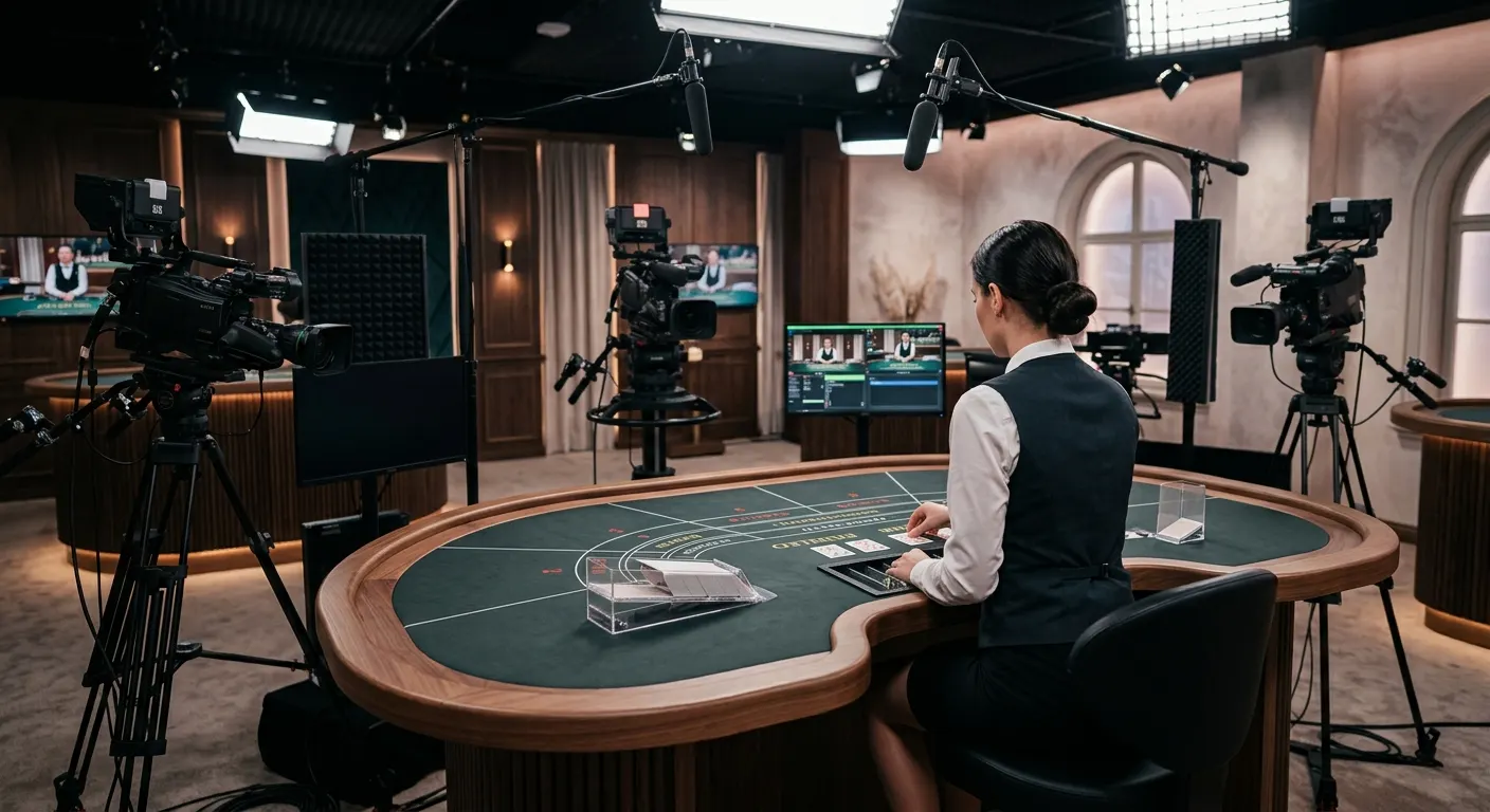 Live-Croupier an einem neutral gestalteten Baccarat-Tisch