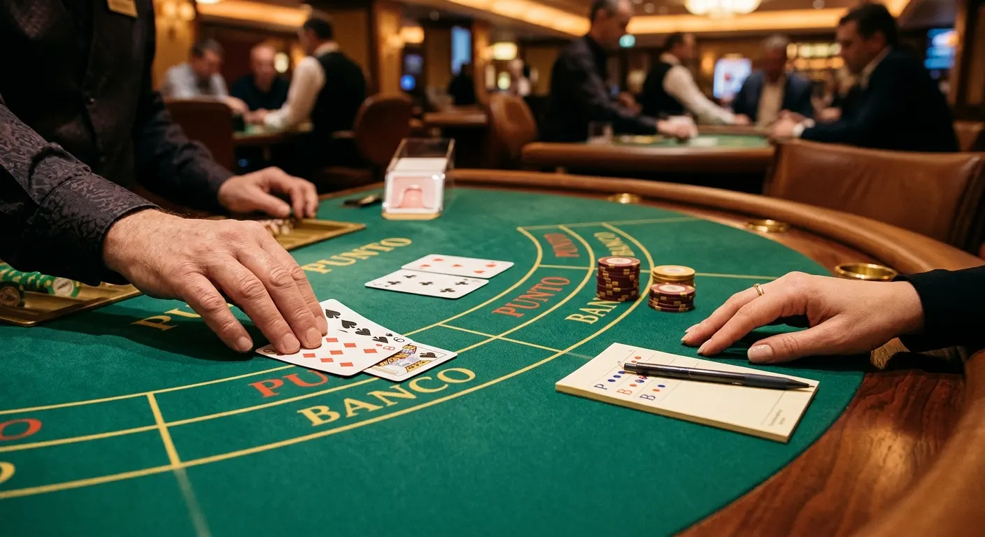 Nahaufnahme neutraler Spielkarten auf einem Punto-Banco-Tisch