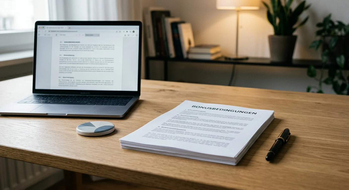 Neutrale Bonusbedingungen auf einem Schreibtisch mit Laptop