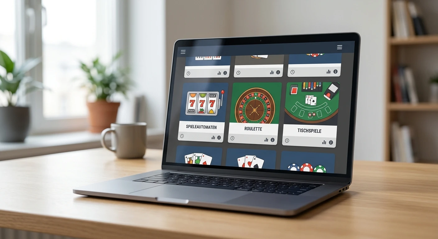 Neutrale Auswahl von Spielautomaten und Tischspielen auf einem Laptop