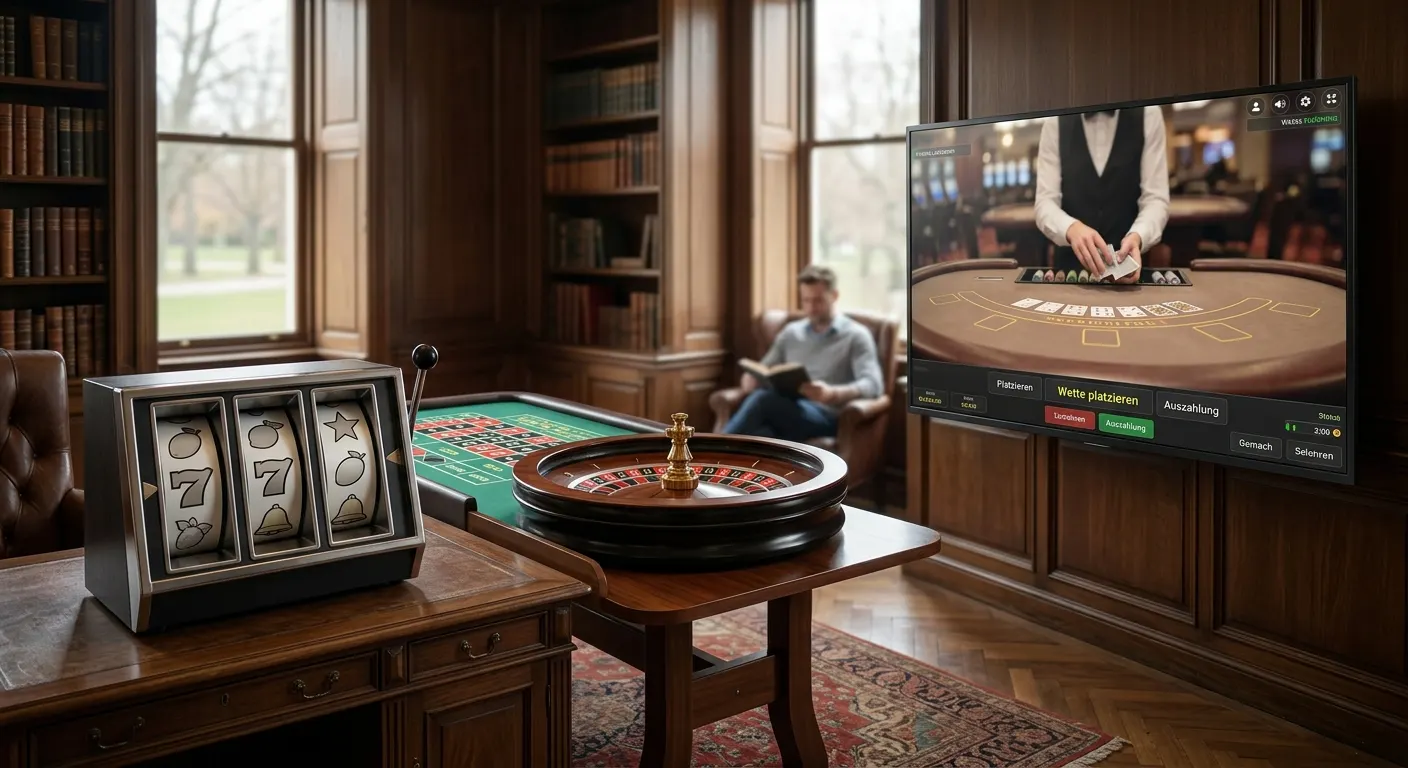 Neutrale Darstellung von Spielautomat, Roulettekugel und Live-Casino-Bildschirm