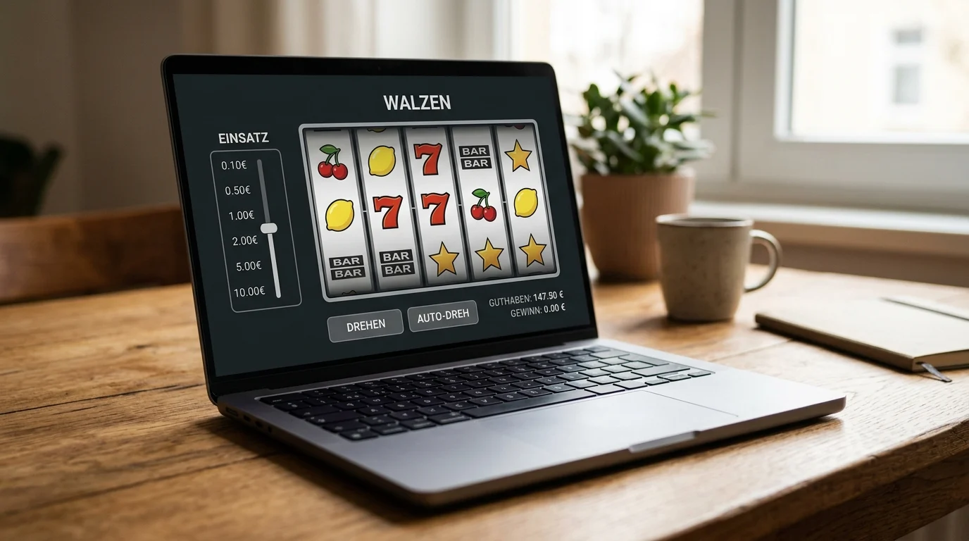 Laptop mit neutraler Spielautomaten-Ansicht und übersichtlicher Einsatzleiste
