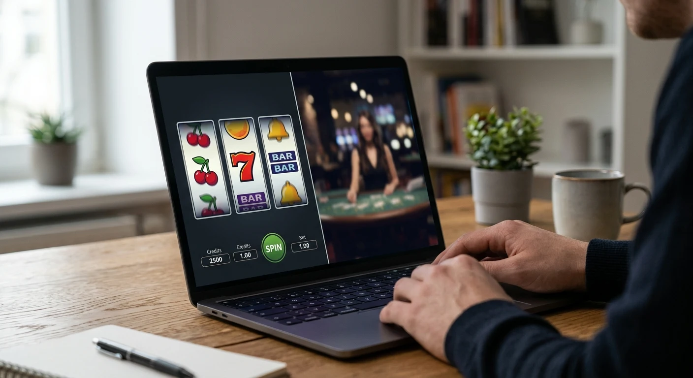 Laptop mit neutraler Spieloberfläche und getrennten Bereichen für Spielautomaten und Live-Tische