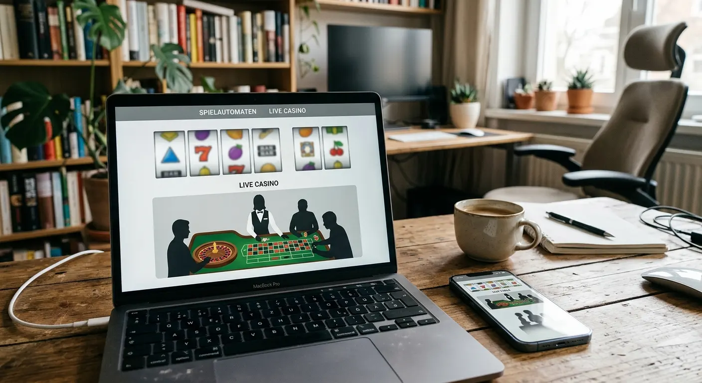 Laptop und Mobiltelefon mit neutralen Spielautomaten- und Live-Casino-Symbolen