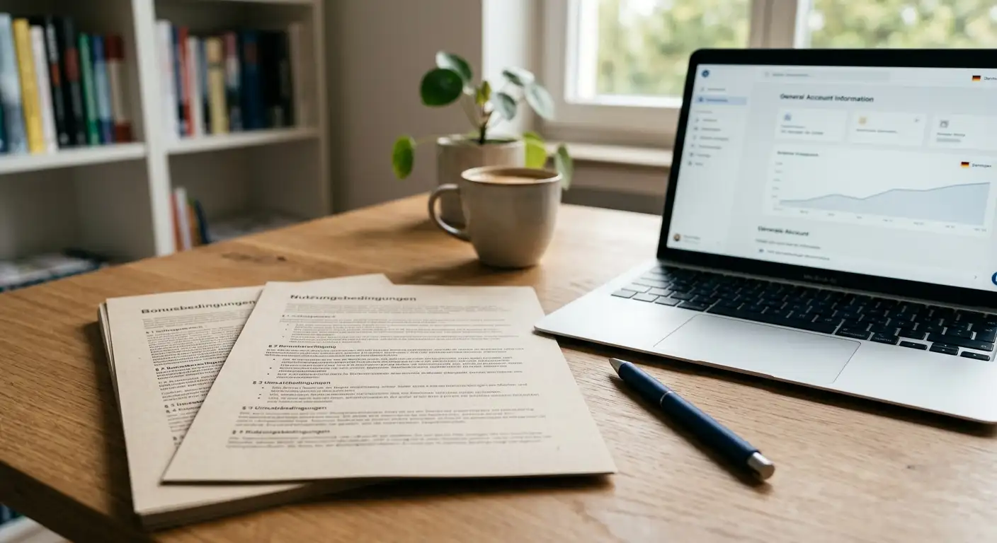 Neutrale Bonusbedingungen auf Papier neben einer digitale Geldbörse und einem Stift