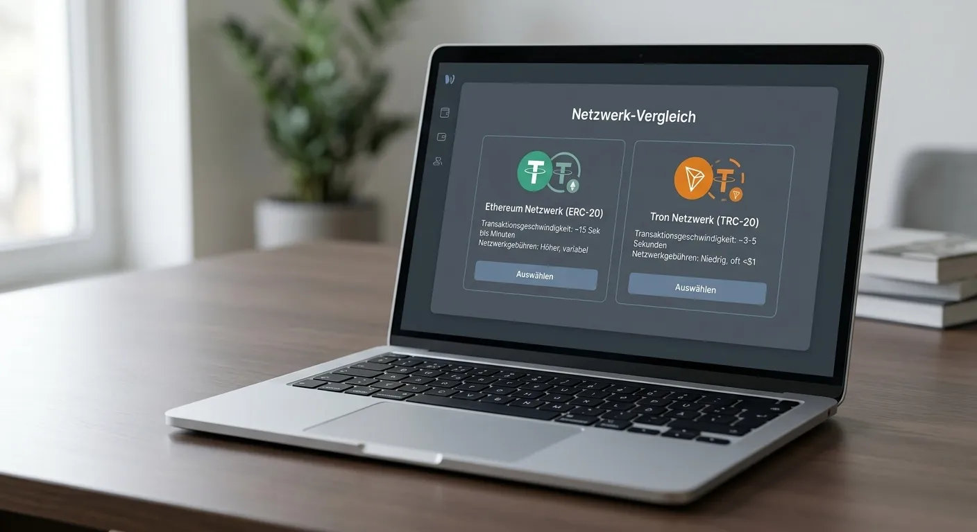 USDT-Wertmarke und digitale Geldbörse-Menü mit zwei klar getrennten Netzwerkauswahlen