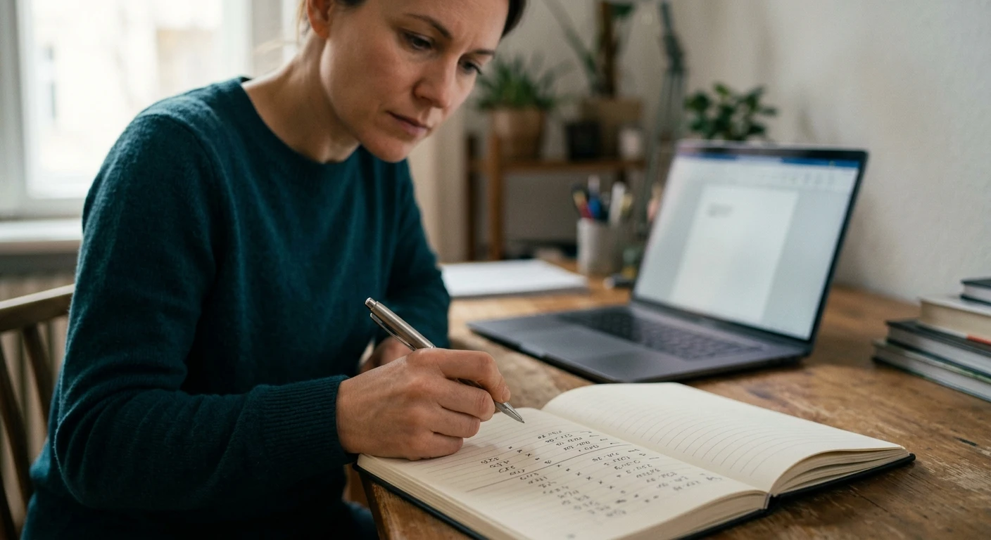 Person mit Notizbuch, Stift und übersichtlichen Umsatzzeilen auf neutralem Papier