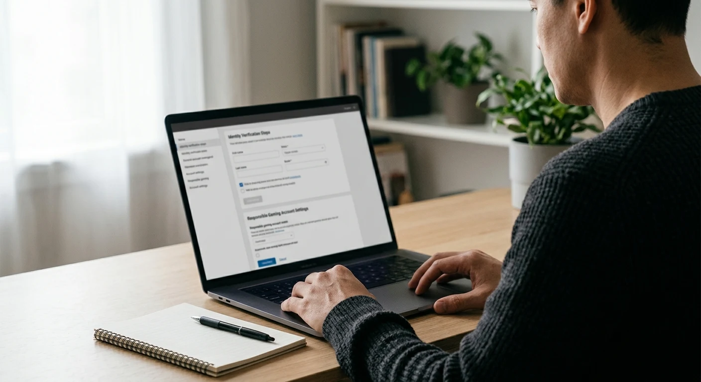 Person prüft KYC- und Spielerschutzbedingungen an einem Laptop