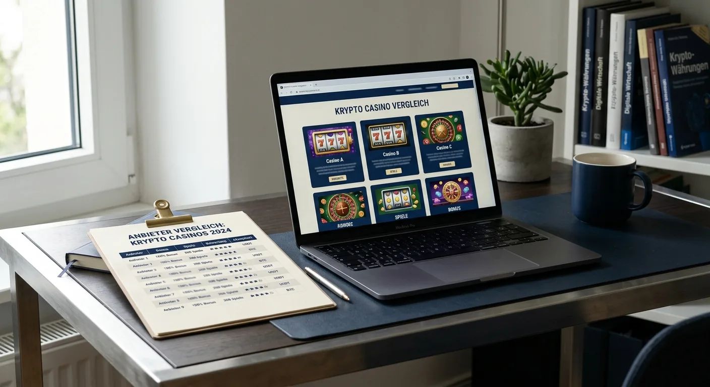 Arbeitsplatz mit neutraler Vergleichstabelle für internationale Tether-Casinos