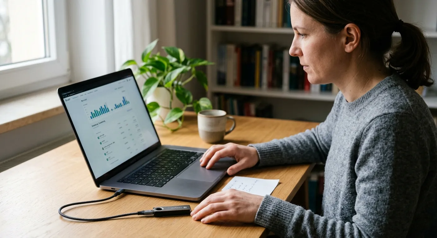 Person prüft eine Krypto-Überweisung an einem Laptop mit neutraler digitale Geldbörse-Anzeige