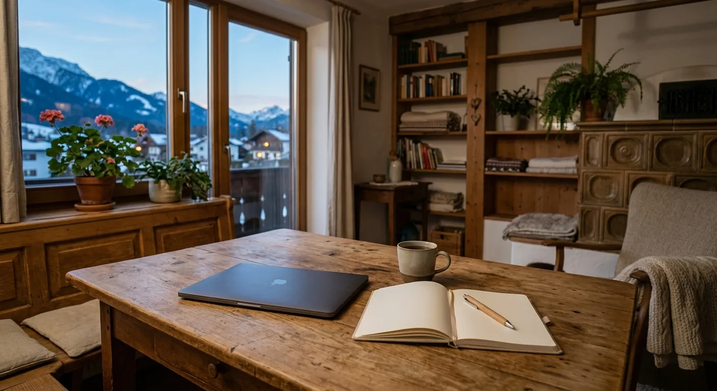 Ruhige österreichische Wohnszene mit Laptop geschlossen und Notizbuch