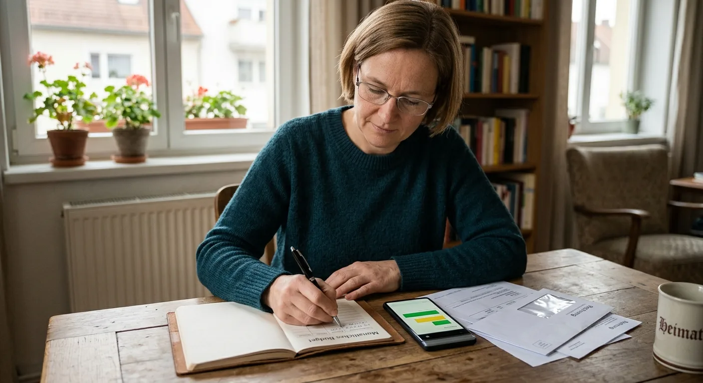 Neutraler Schreibtisch mit Notiz zu Monatsgrenze und verantwortungsvollem Spielen