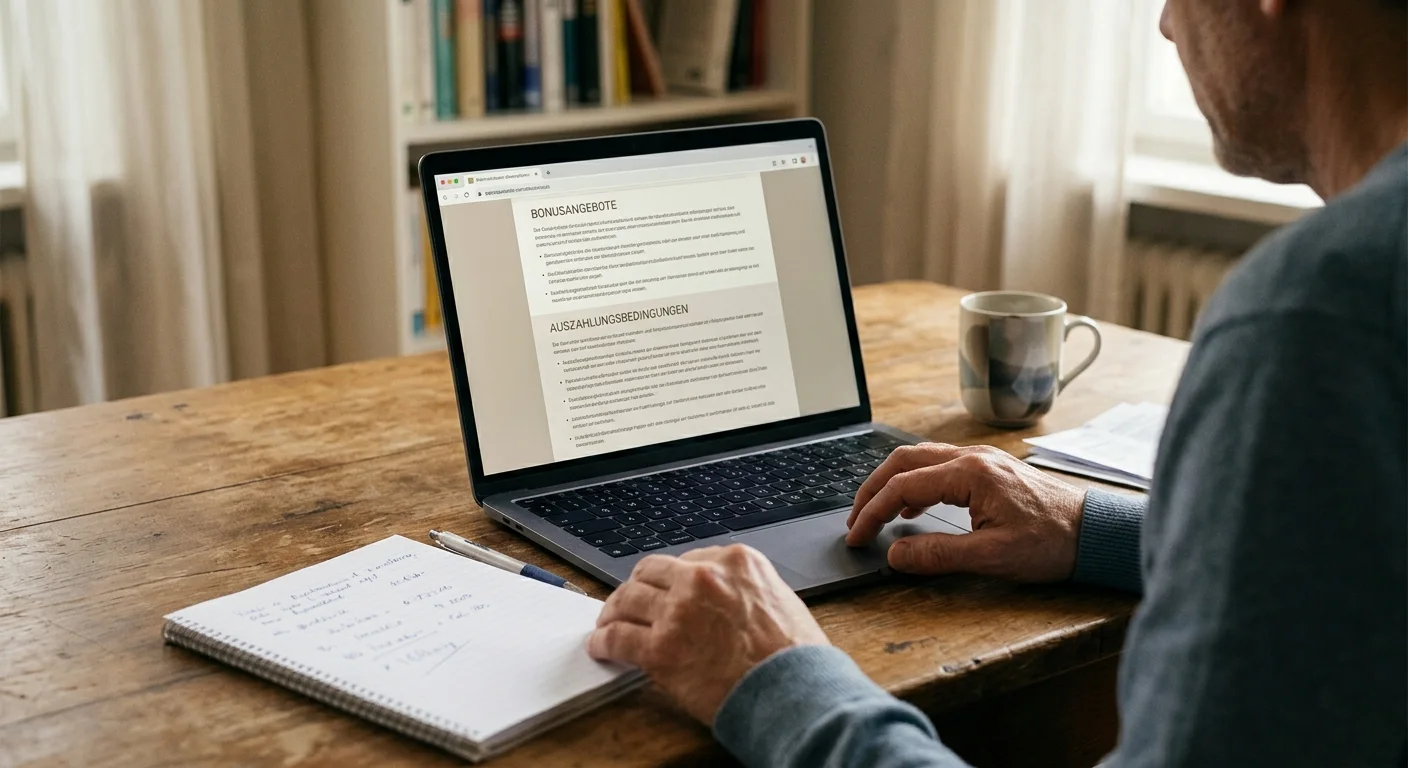 Person liest Bonusbedingungen und Auszahlungsklauseln auf einem neutralen Laptop