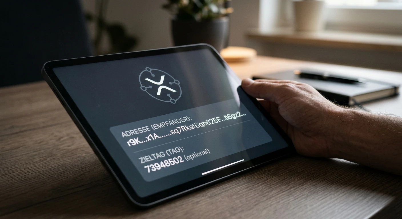 Person prüft XRP-Adresse, Zieltag und Netzwerk auf einem neutralen Bildschirm