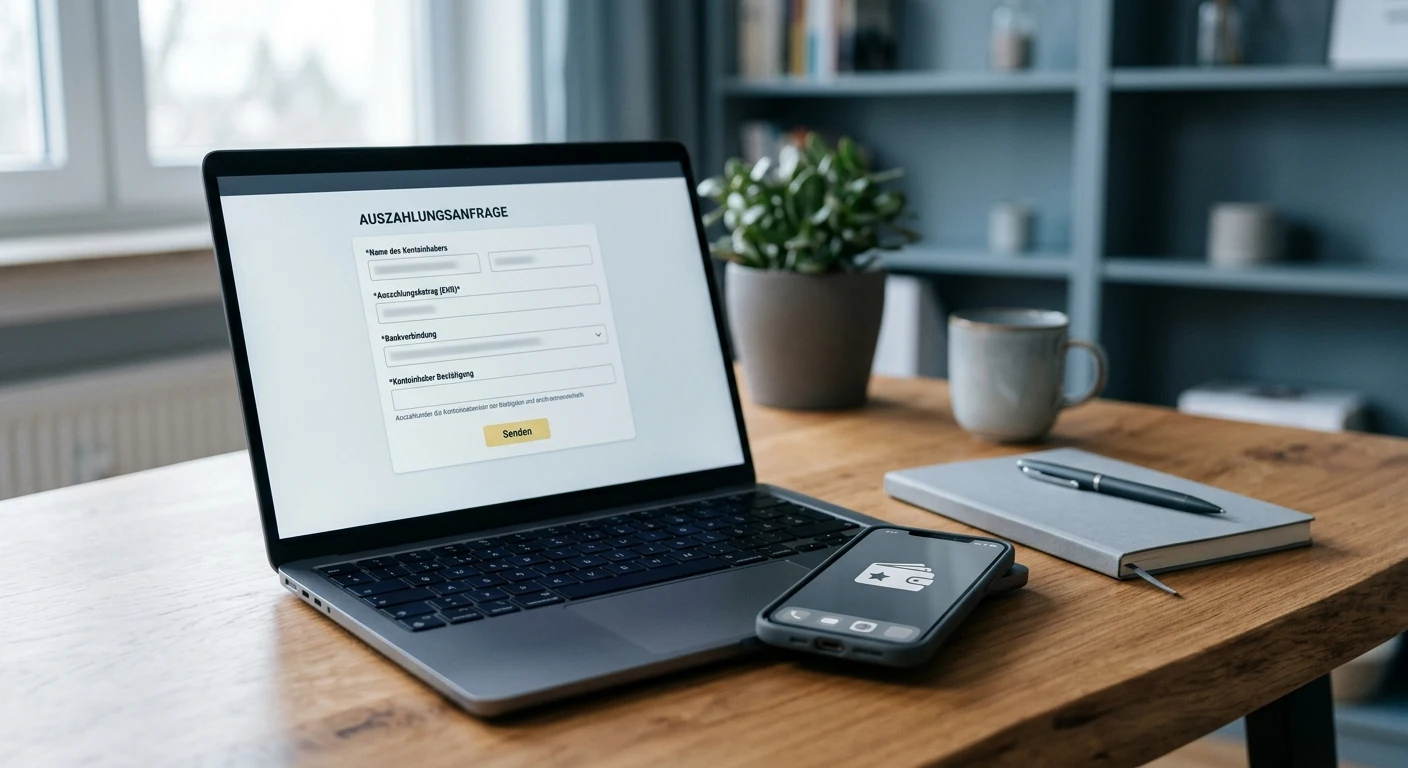 Laptop und neutrales elektronische Geldbörse-Symbol neben einem Auszahlungsformular